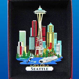Seattle Washington Ornament, City Skyline Space Needle Ferry Whale Color Brass